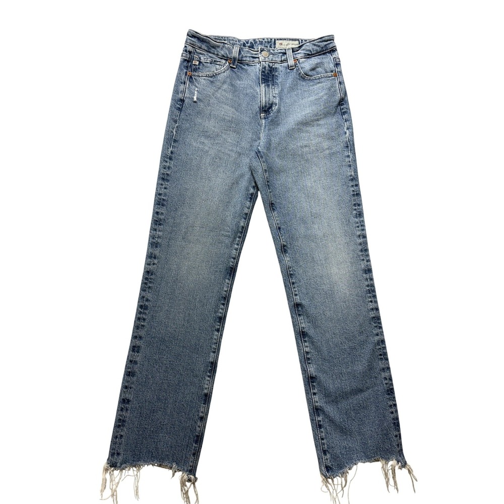 AG Saige High Rise Straight Jeans Womens 28 Medium Wash Blue Raw Hem Stretch 27.